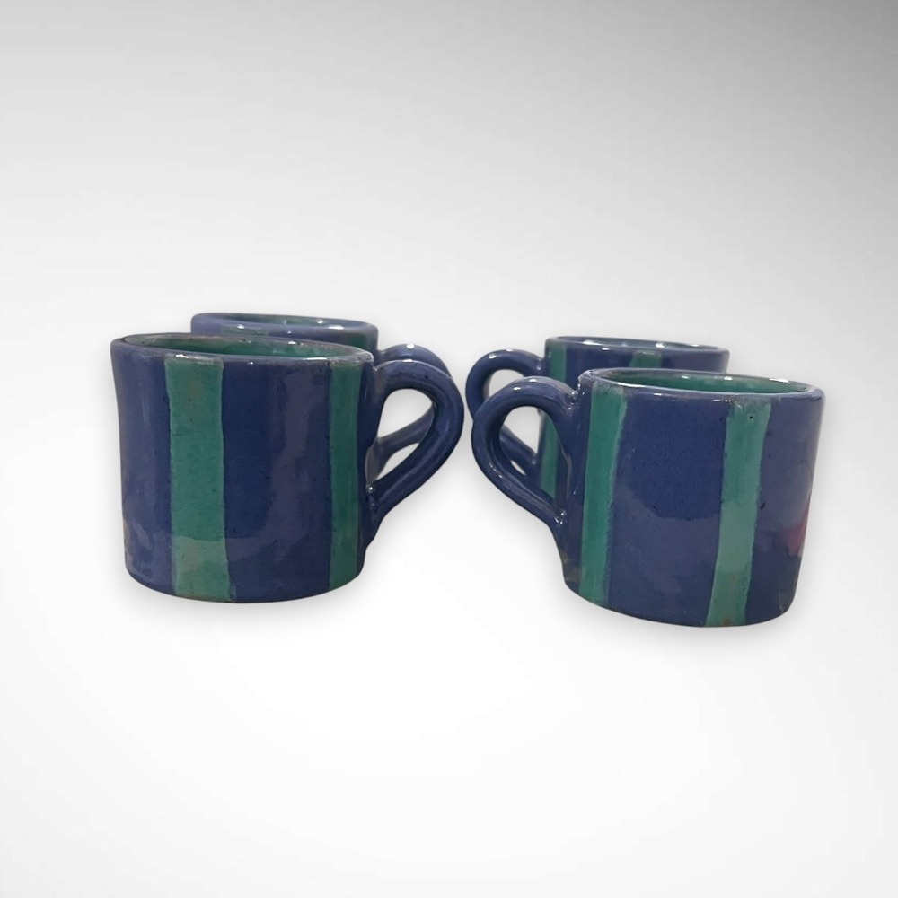 HANDMADE Set of 4 Ceramic Purple and Teal Striped‎ 2" Espresso Cups